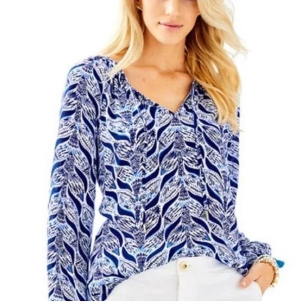 Lilly Pulitzer 100% Rayon Willa Tunic Top Mermaid Tail Long Sleeve Blouse Large
